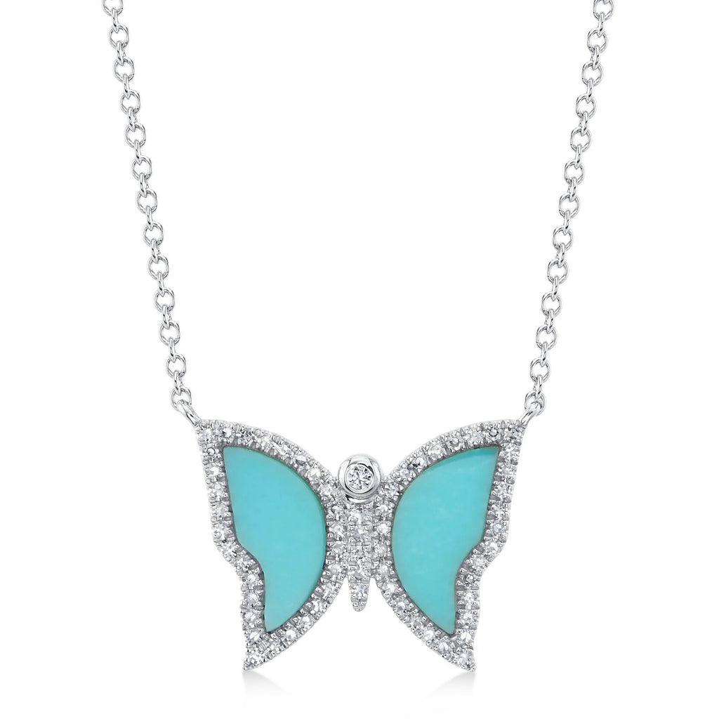 Diamond & Turquoise Butterfly Pendant Necklace 14K White Gold (1.03ct)