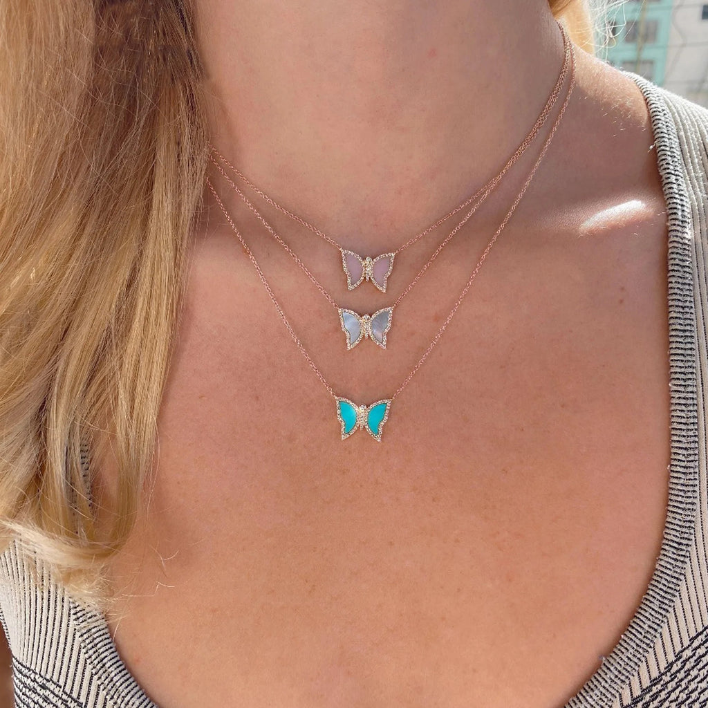 Diamond & Turquoise Butterfly Pendant Necklace 14K Rose Gold (1.03ct)