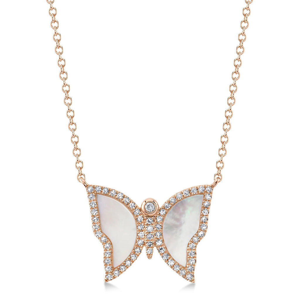 Diamond & Mother Of Pearl Butterfly Pendant Necklace 14K Rose Gold (0.99ct)