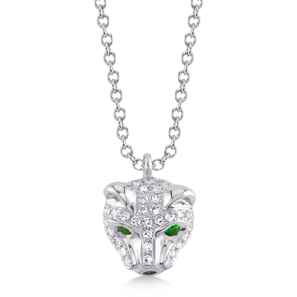 Diamond w/Emerald Panther Pendant Necklace 14K White Gold (0.14ct)