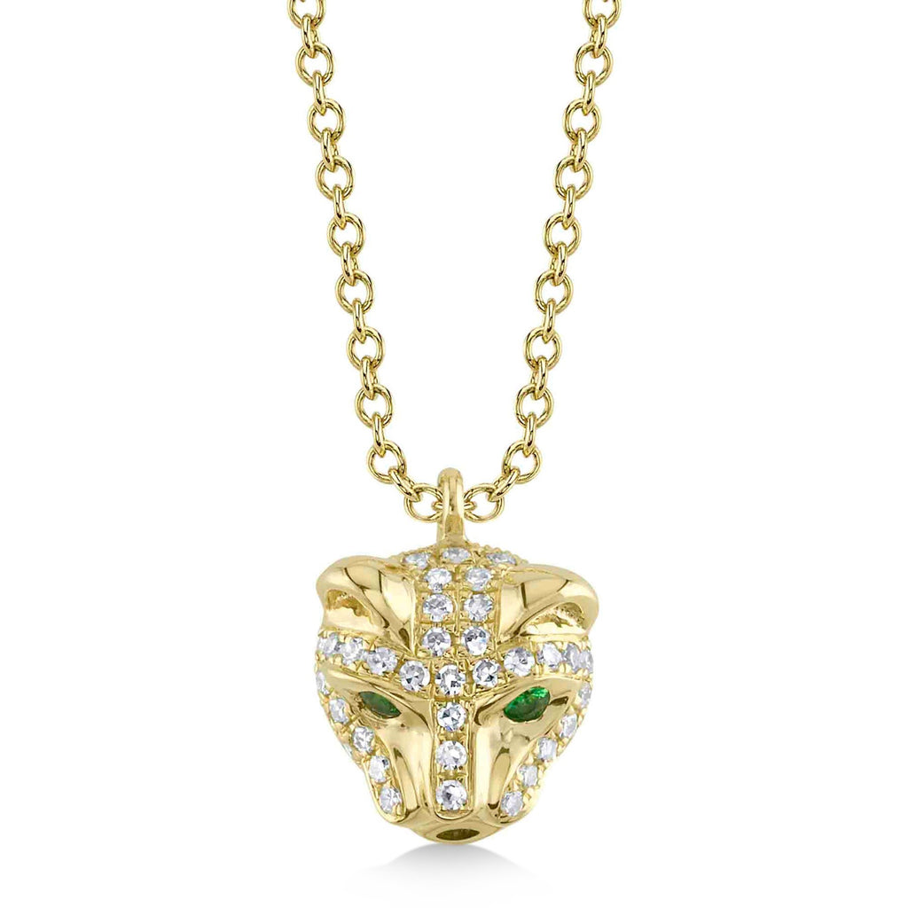 Diamond w/Emerald Panther Pendant Necklace 14K Yellow Gold (0.14ct)