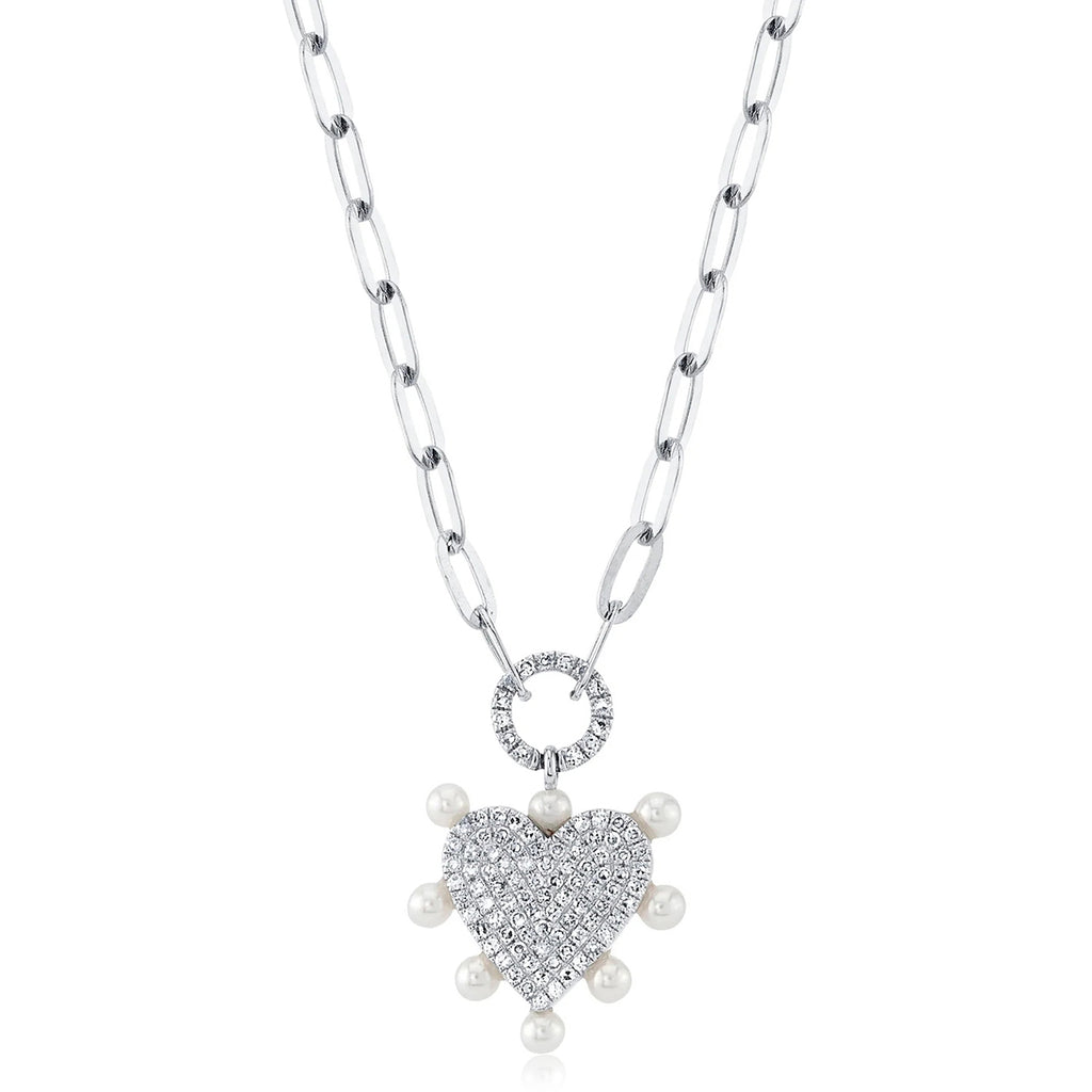 Diamond Cultured Pearl Paper Clip Heart Pendant Necklace 14K White Gold (0.22ct)