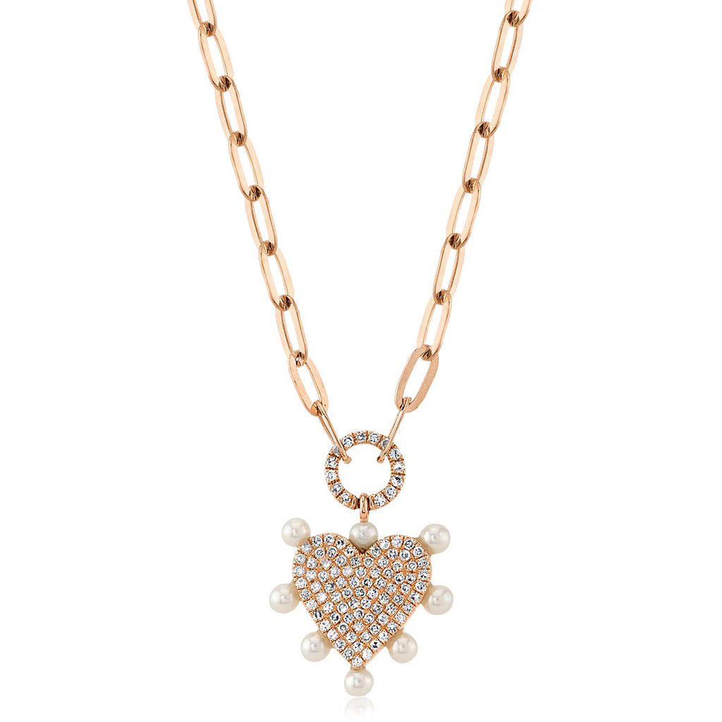 Diamond Cultured Pearl Paper Clip Heart Pendant Necklace 14K Rose Gold (0.22ct)