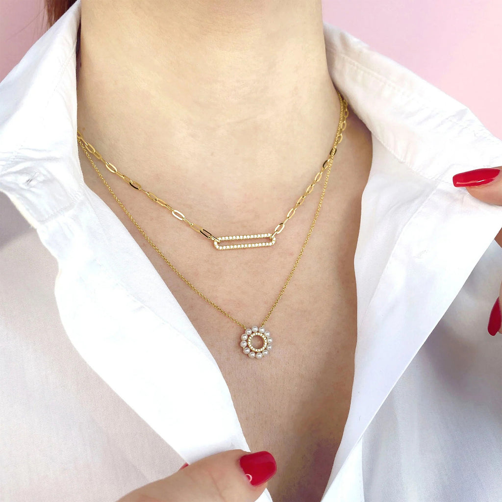 Diamond & Cultured Pearl Circle Pendant Necklace 14K Yellow Gold (0.05ct)