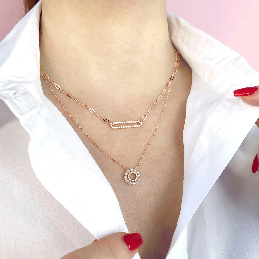 Diamond & Cultured Pearl Circle Pendant Necklace 14K Rose Gold (0.05ct)