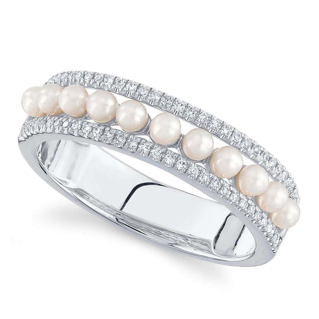 Diamond & Cultured Pearl Band Ring 14K White Gold (0.14ct)