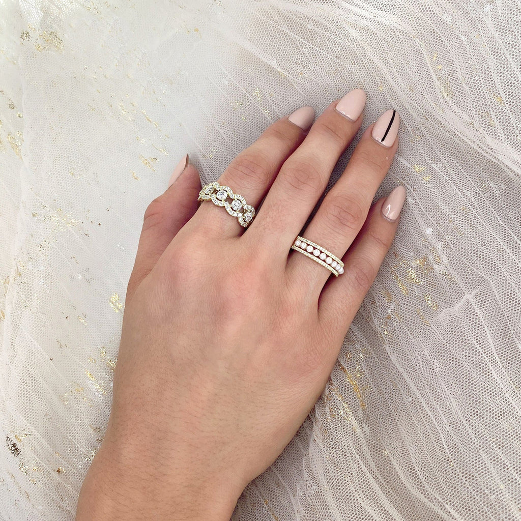 Diamond & Cultured Pearl Band Ring 14K Yellow Gold (0.14ct)