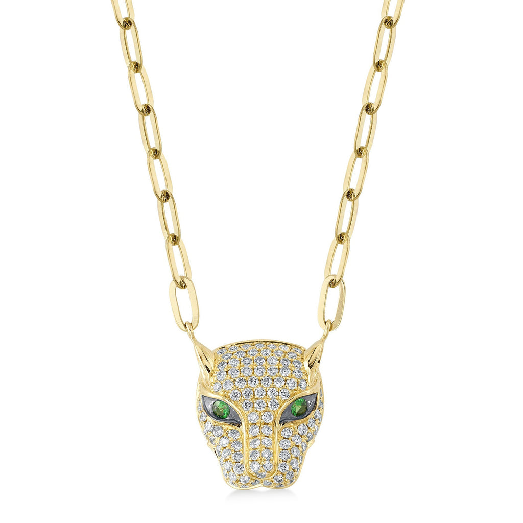 Diamond & Green Garnet Panther Paper Clip Pendant Necklace 14K Yellow Gold (0.56ct)