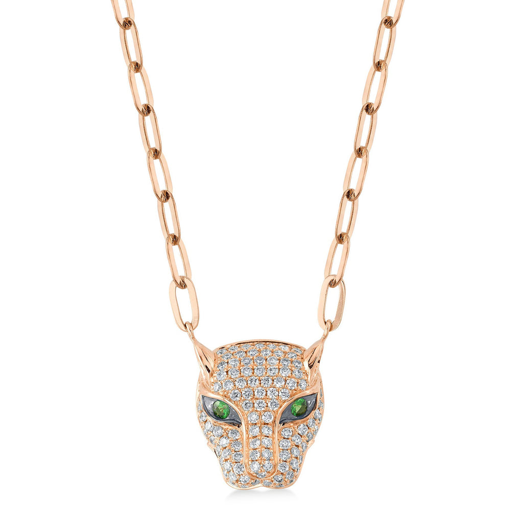 Diamond & Green Garnet Panther Paper Clip Pendant Necklace 14K Rose Gold (0.56ct)