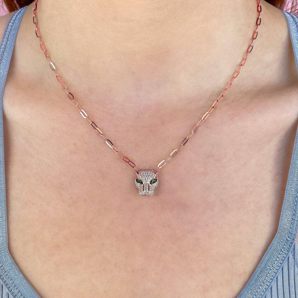 Diamond & Green Garnet Panther Paper Clip Pendant Necklace 14K Rose Gold (0.56ct)