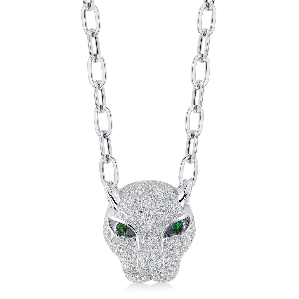 Diamond & Green Garnet Panther Paper Clip Pendant Necklace 14K White Gold (3.53ct)