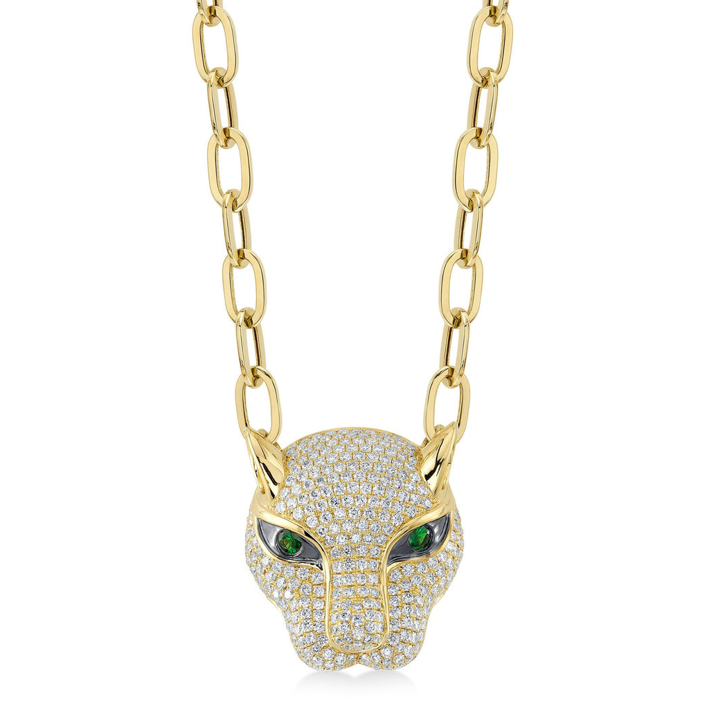 Diamond & Green Garnet Panther Paper Clip Pendant Necklace 14K Yellow Gold (3.53ct)
