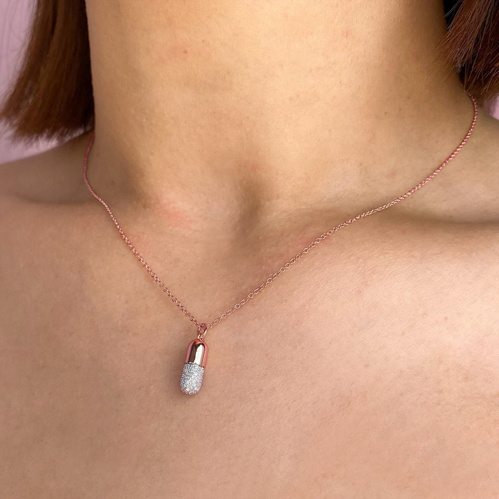 Diamond Pill Pendant Necklace 14K Rose Gold (0.32ct)