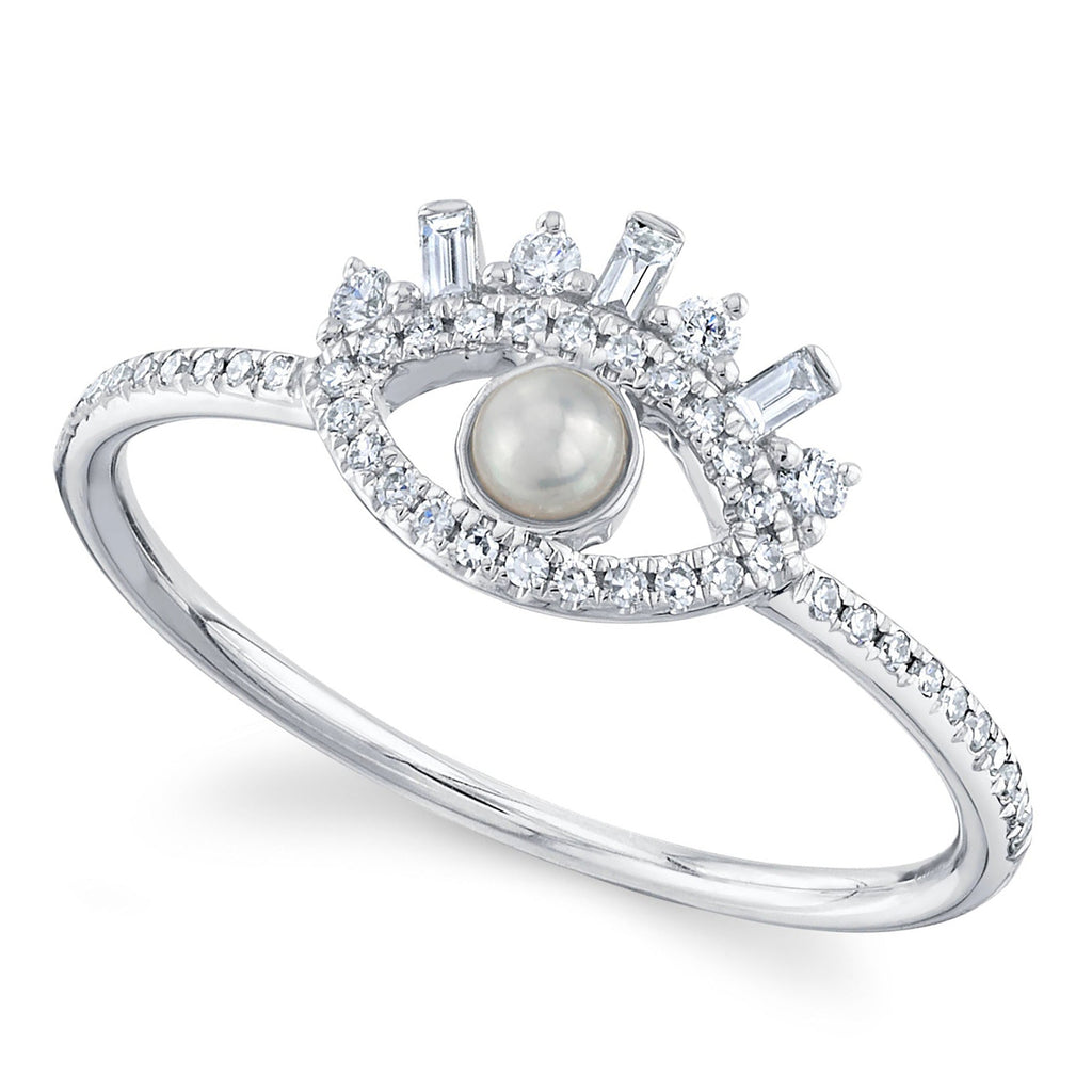 Diamond & Cultured Pearl Eye Ring 14K White Gold (0.20ct)