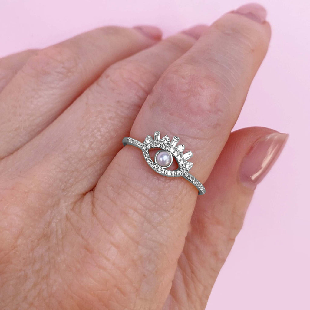 Diamond & Cultured Pearl Eye Ring 14K White Gold (0.20ct)