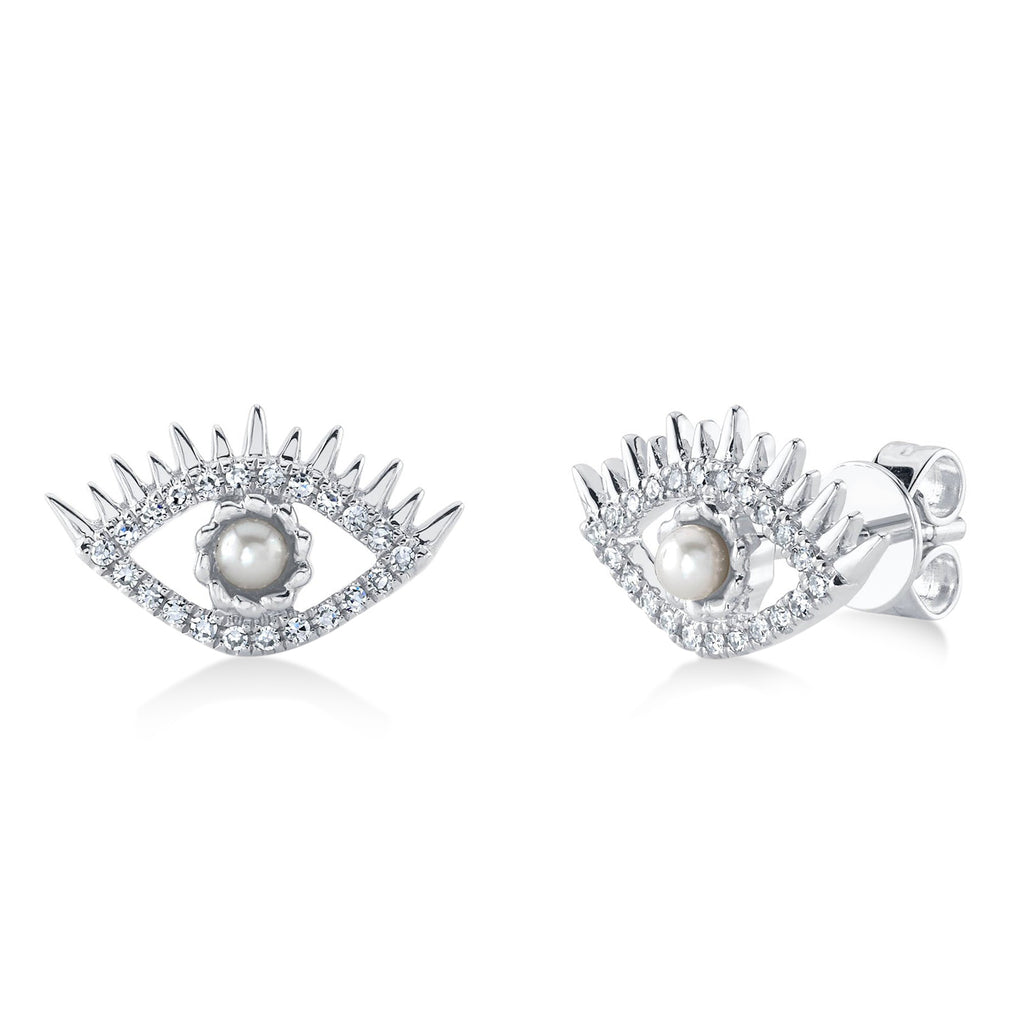 Diamond & Cultured Pearl Eye Stud Earrings 14K White Gold (0.12ct)