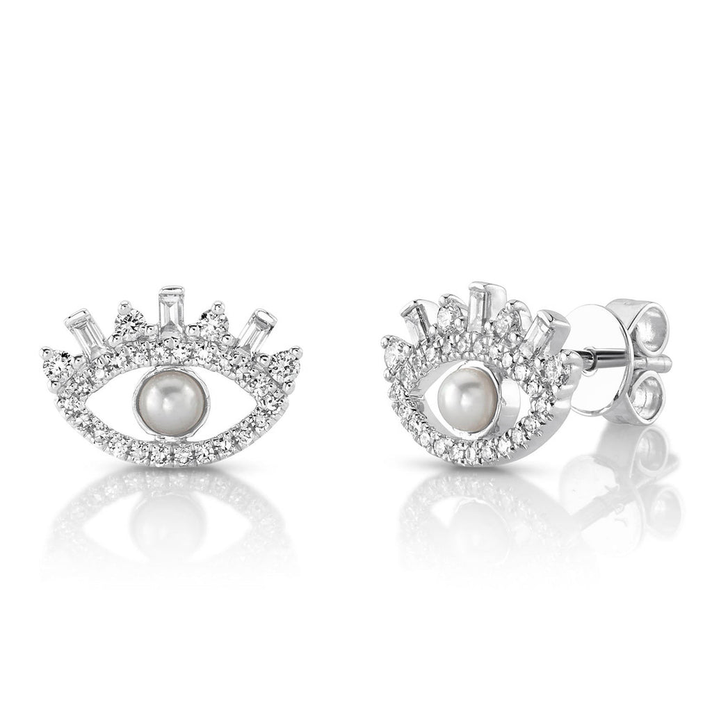 Diamond & Cultured Pearl Eye Stud Earrings 14K White Gold (0.31ct)