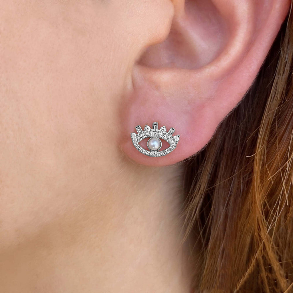 Diamond & Cultured Pearl Eye Stud Earrings 14K White Gold (0.31ct)