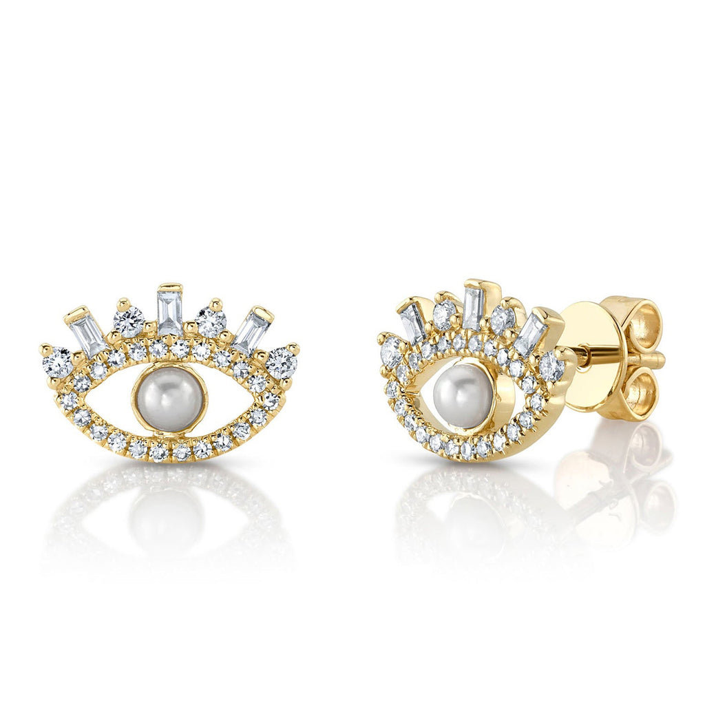 Diamond & Cultured Pearl Eye Stud Earrings 14K Yellow Gold (0.31ct)