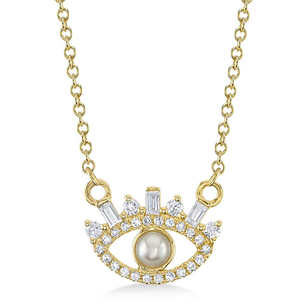 Diamond & Cultured Pearl Eye Pendant Necklace 14K Yellow Gold (0.16ct)