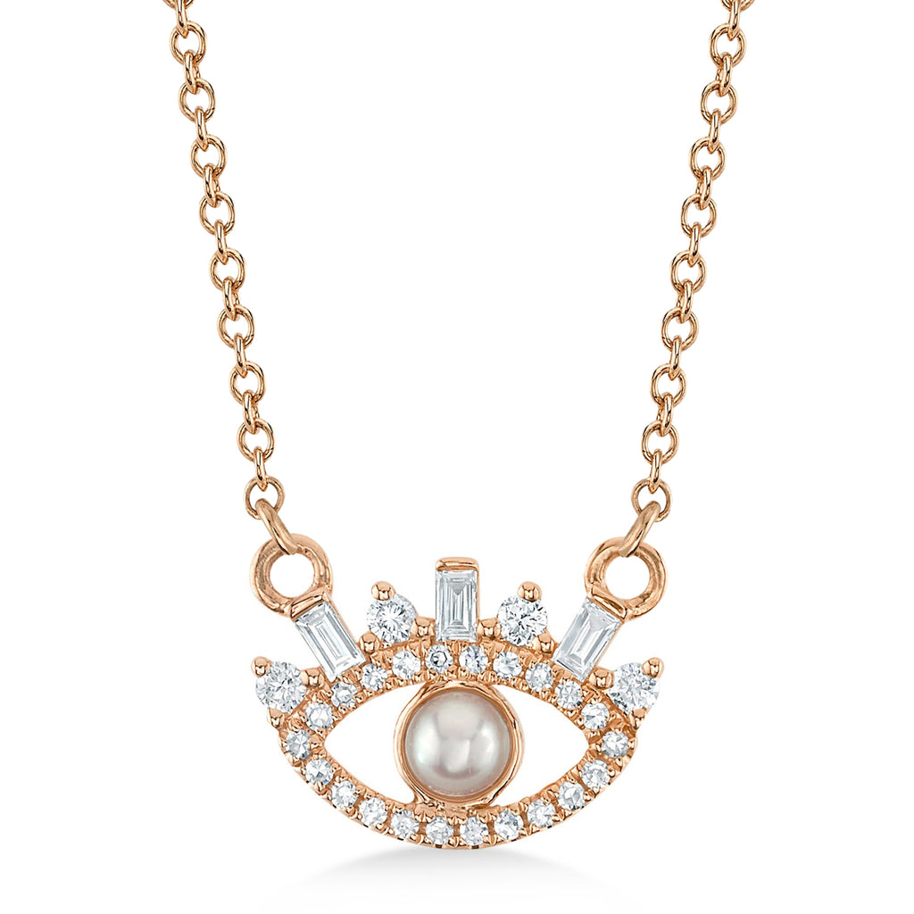 Diamond & Cultured Pearl Eye Pendant Necklace 14K Rose Gold (0.16ct)