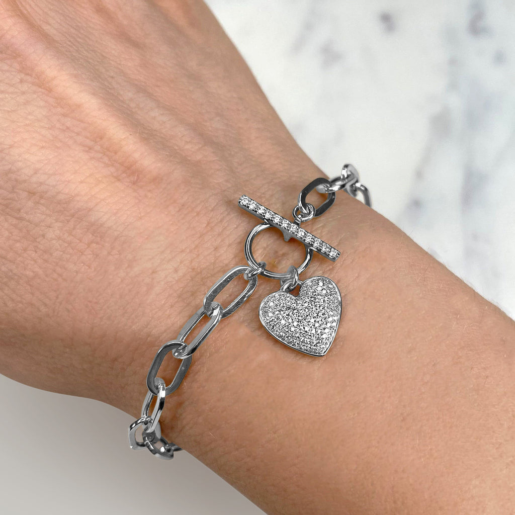 Diamond Pave Heart Paper Clip Link Bracelet 14K White Gold (0.41ct)
