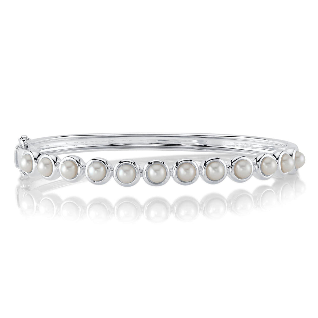 Cultured Pearl Circle Bangle Bracelet 14K White Gold (4mm)