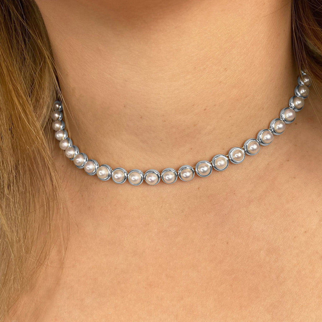 Cultured Pearl Tennis Pendant Necklace 14K White Gold (5mm)