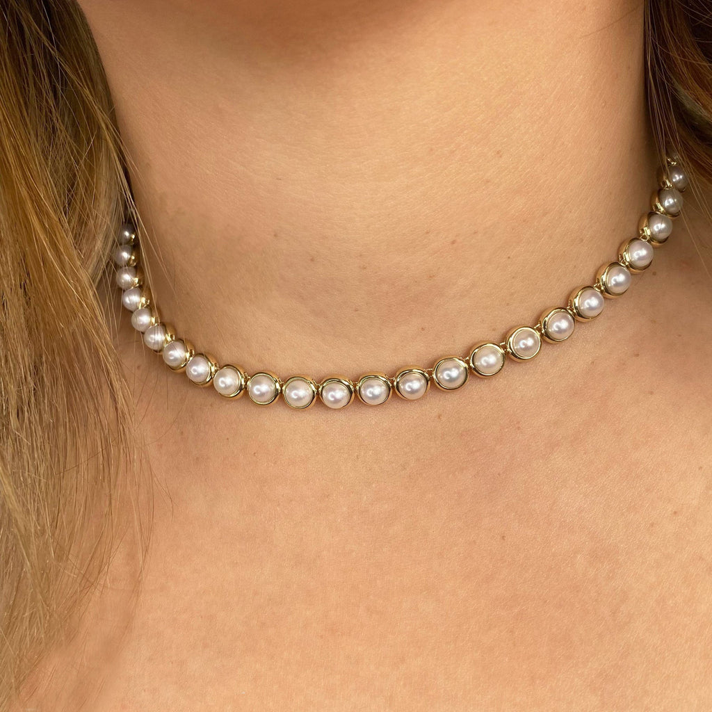 Cultured Pearl Tennis Pendant Necklace 14K Yellow Gold (5mm)