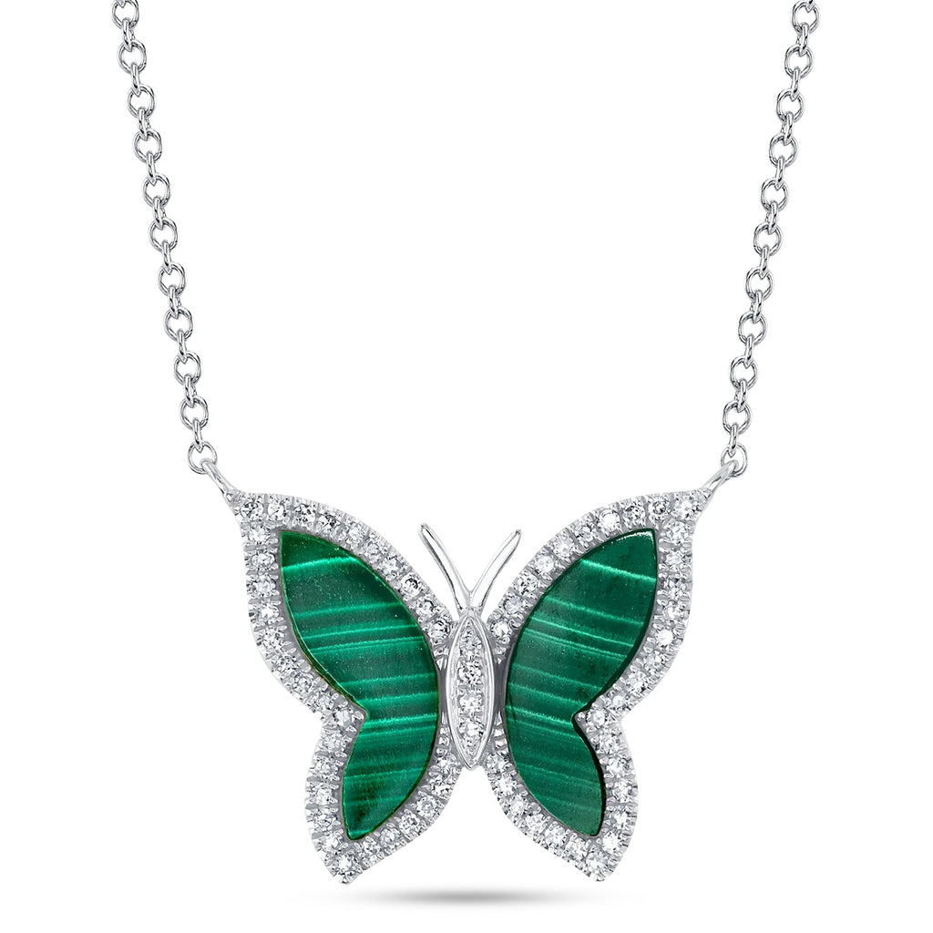 Butterfly Malachite & Round Diamond Pendant Necklace 14K White Gold (1.37ct)