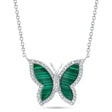 Butterfly Malachite & Round Diamond Pendant Necklace 14K White Gold (1.37ct)