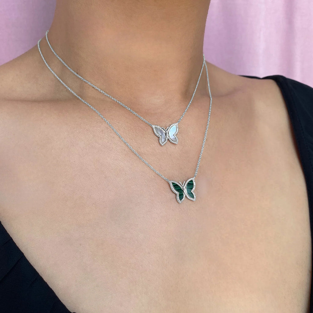 Butterfly Malachite & Round Diamond Pendant Necklace 14K White Gold (1.37ct)