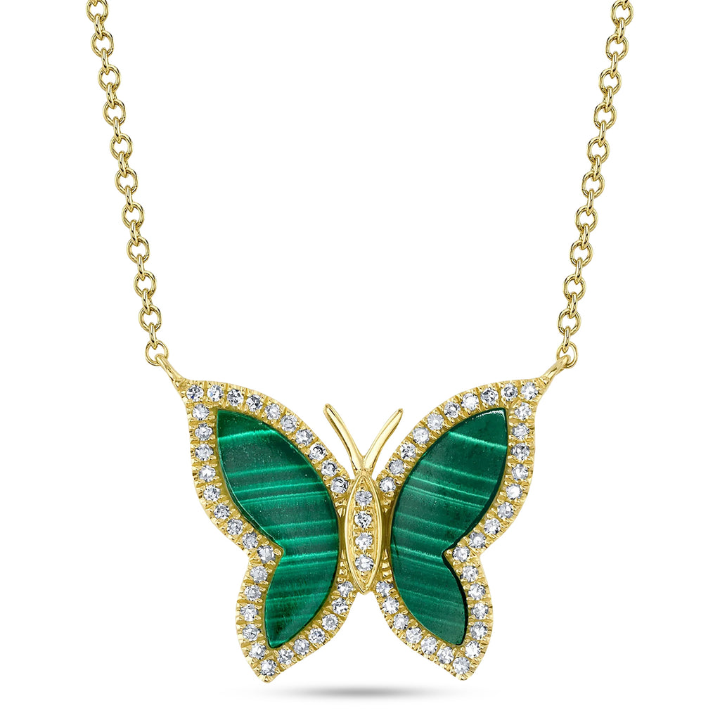Butterfly Malachite & Round Diamond Pendant Necklace 14K Yellow Gold (1.37ct)