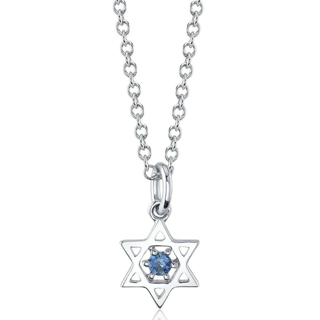 Blue Sapphire Jewish Star of David Petite Pendant Necklace 14K White Gold (0.03ct)