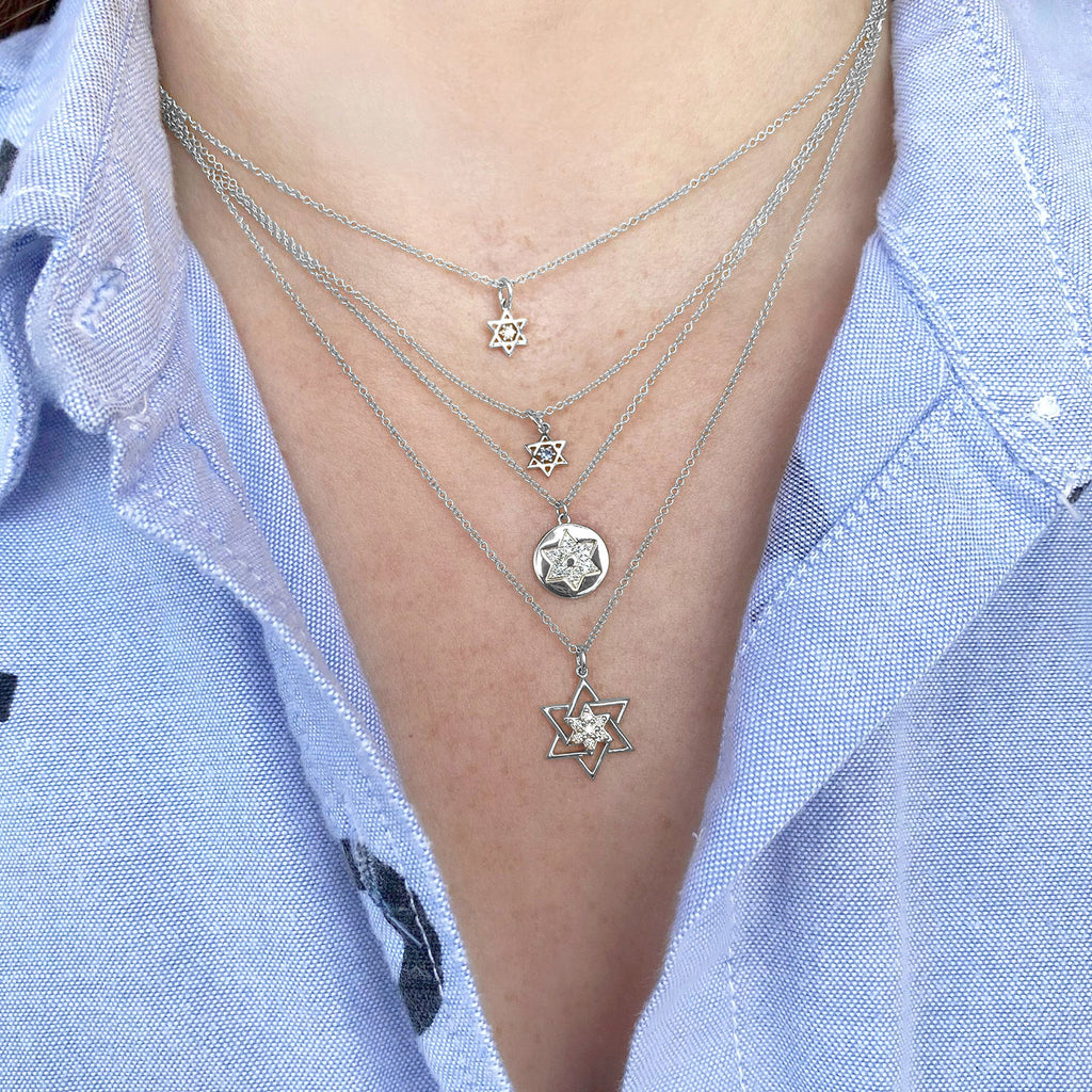 Blue Sapphire Jewish Star of David Petite Pendant Necklace 14K White Gold (0.03ct)