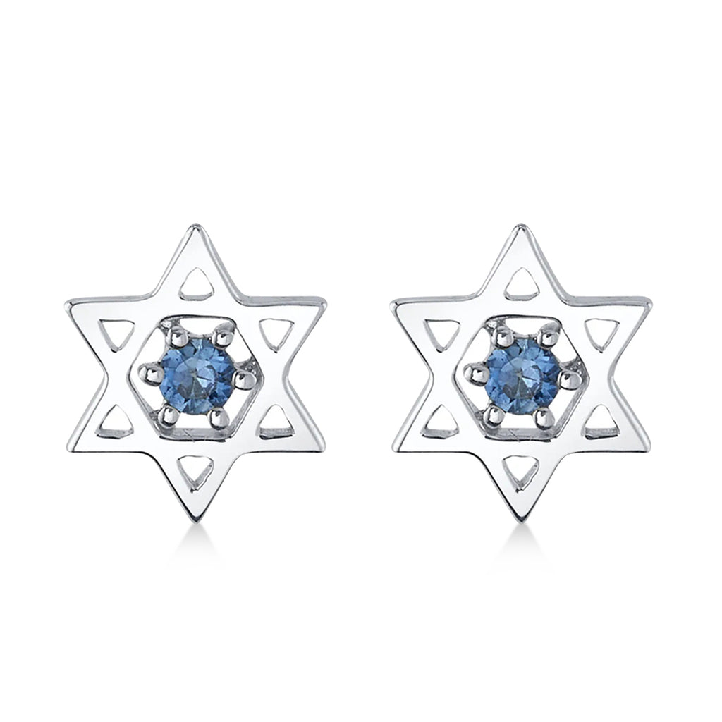 Blue Sapphire Jewish Star of David Petite Stud Earrings 14K White Gold (0.03ct)