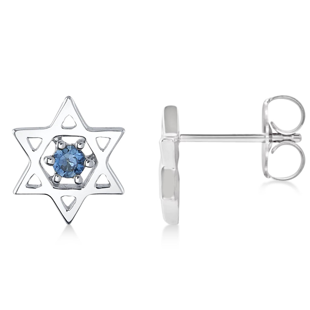 Blue Sapphire Jewish Star of David Petite Stud Earrings 14K White Gold (0.03ct)