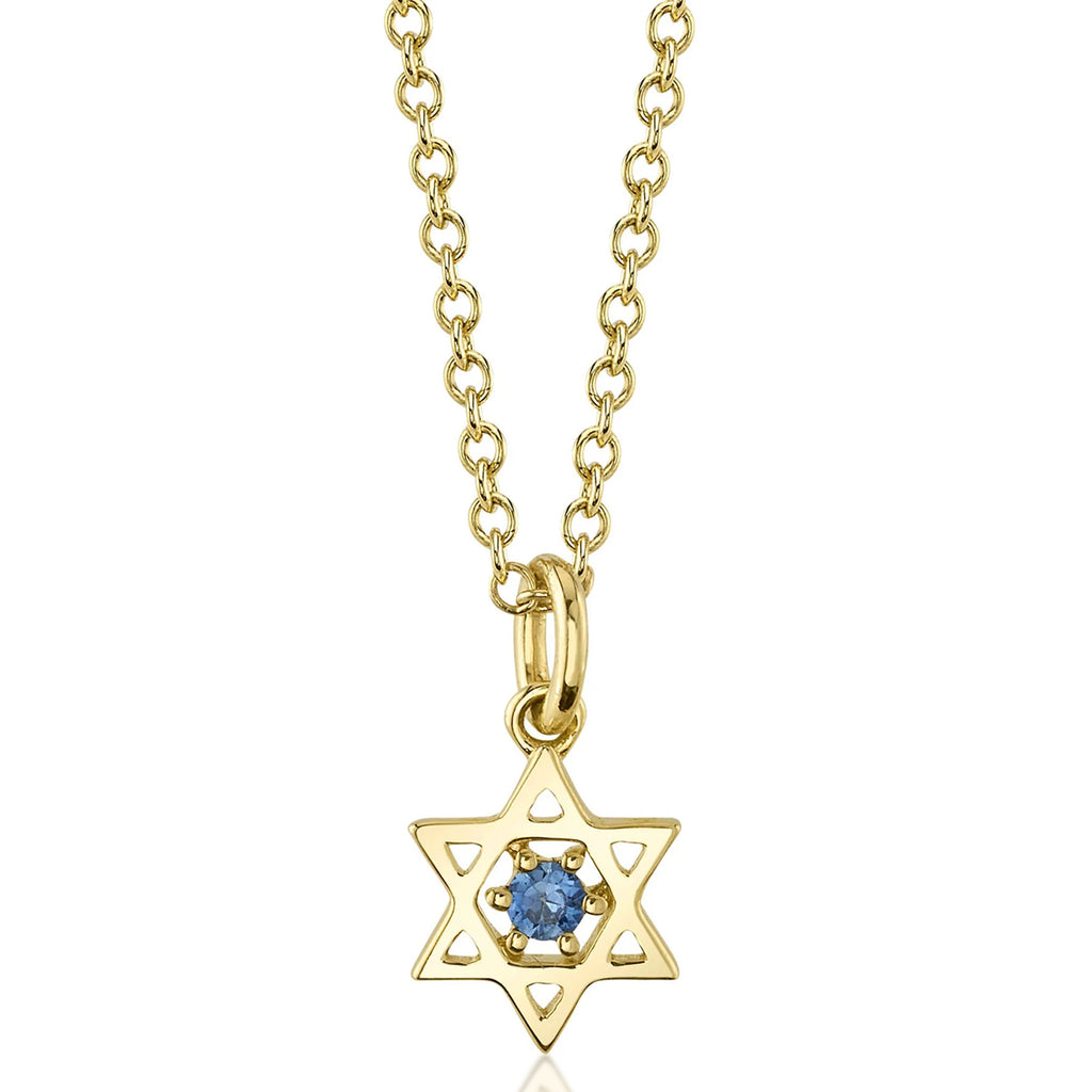 Blue Sapphire Jewish Star of David Petite Pendant Necklace 14K Yellow Gold (0.03ct)