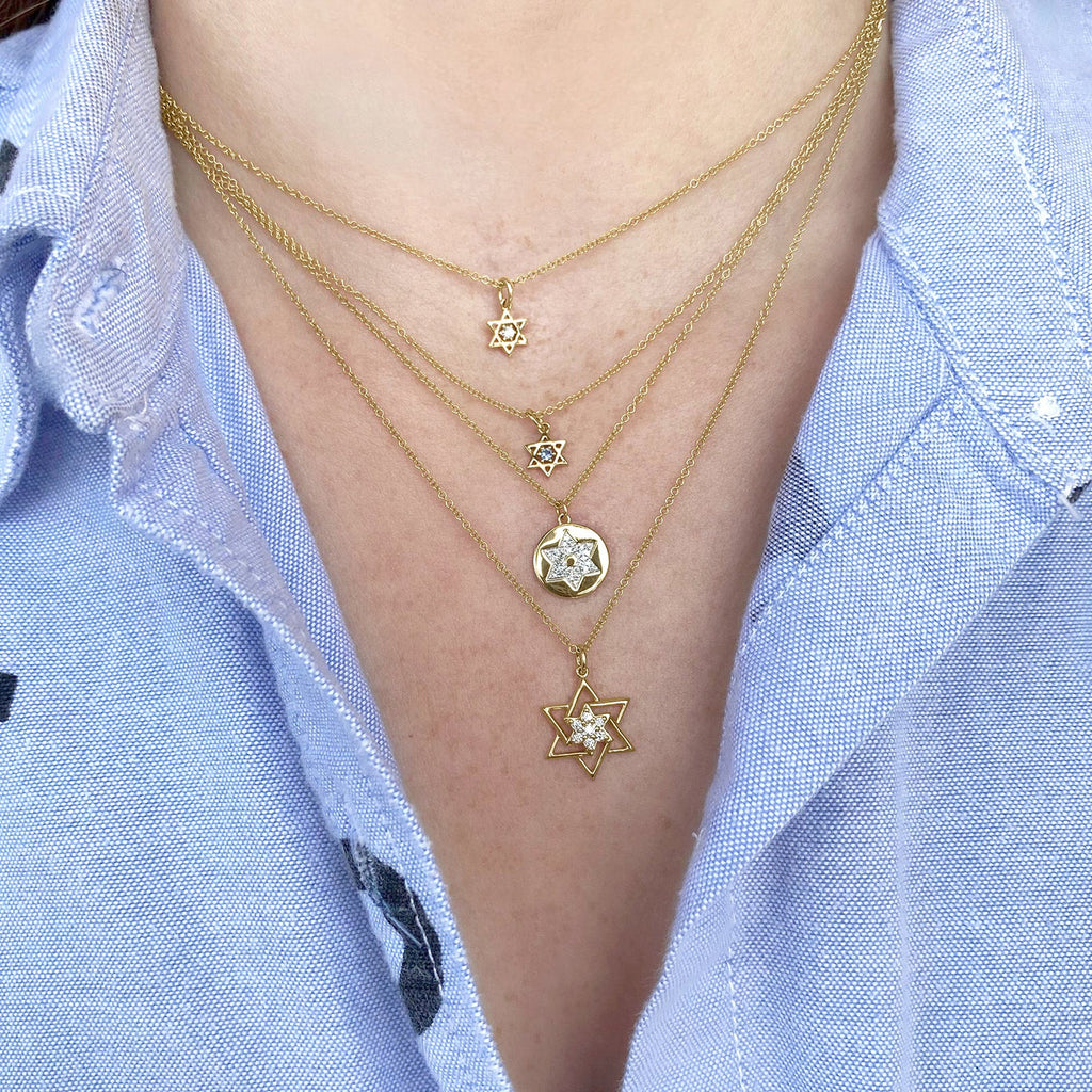 Blue Sapphire Jewish Star of David Petite Pendant Necklace 14K Yellow Gold (0.03ct)