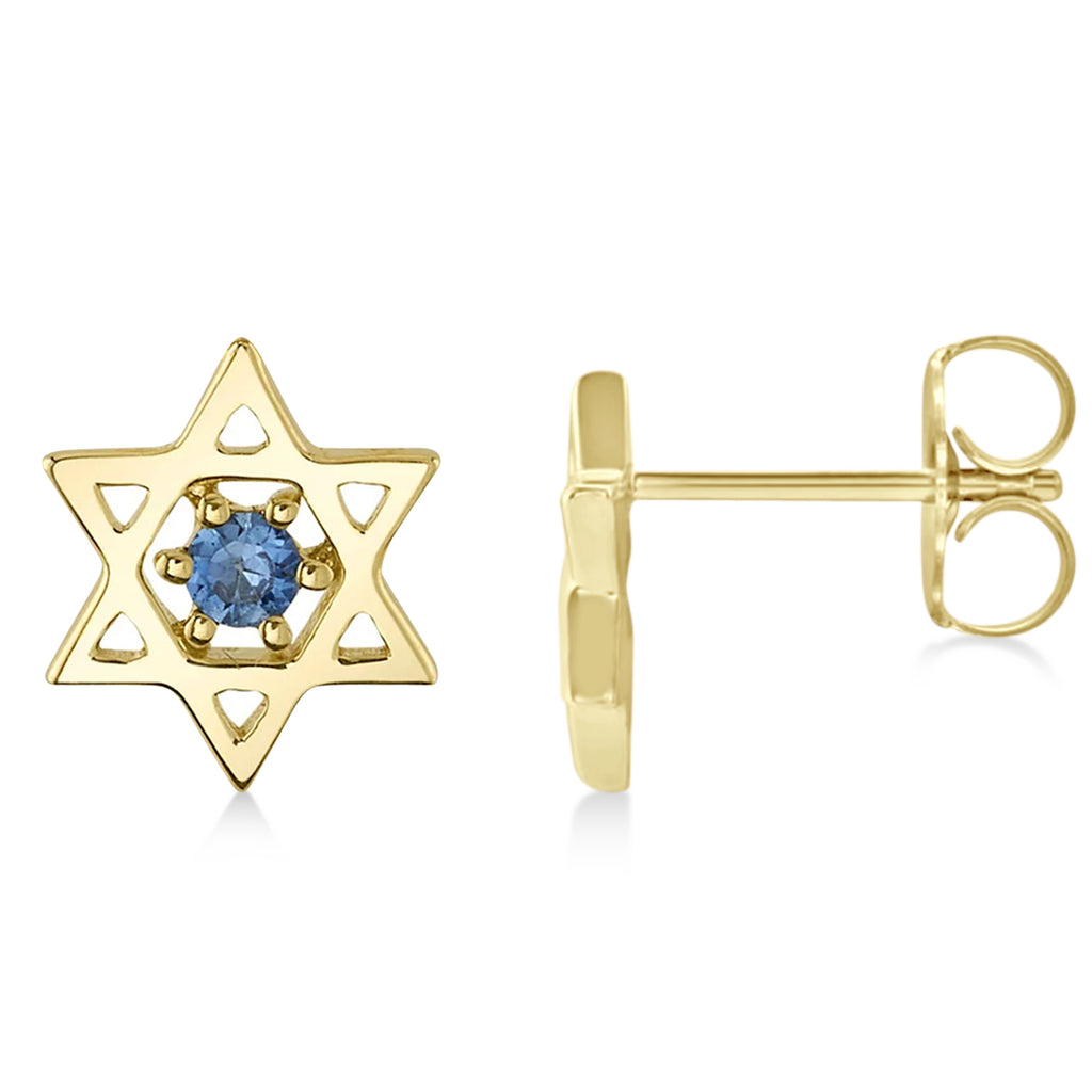 Blue Sapphire Jewish Star of David Petite Stud Earrings 14K Yellow Gold (0.03ct)