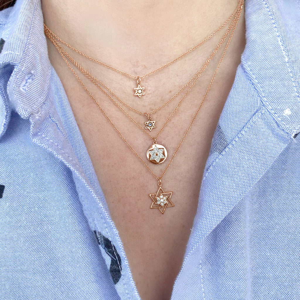 Blue Sapphire Jewish Star of David Petite Pendant Necklace 14K Rose Gold (0.03ct)