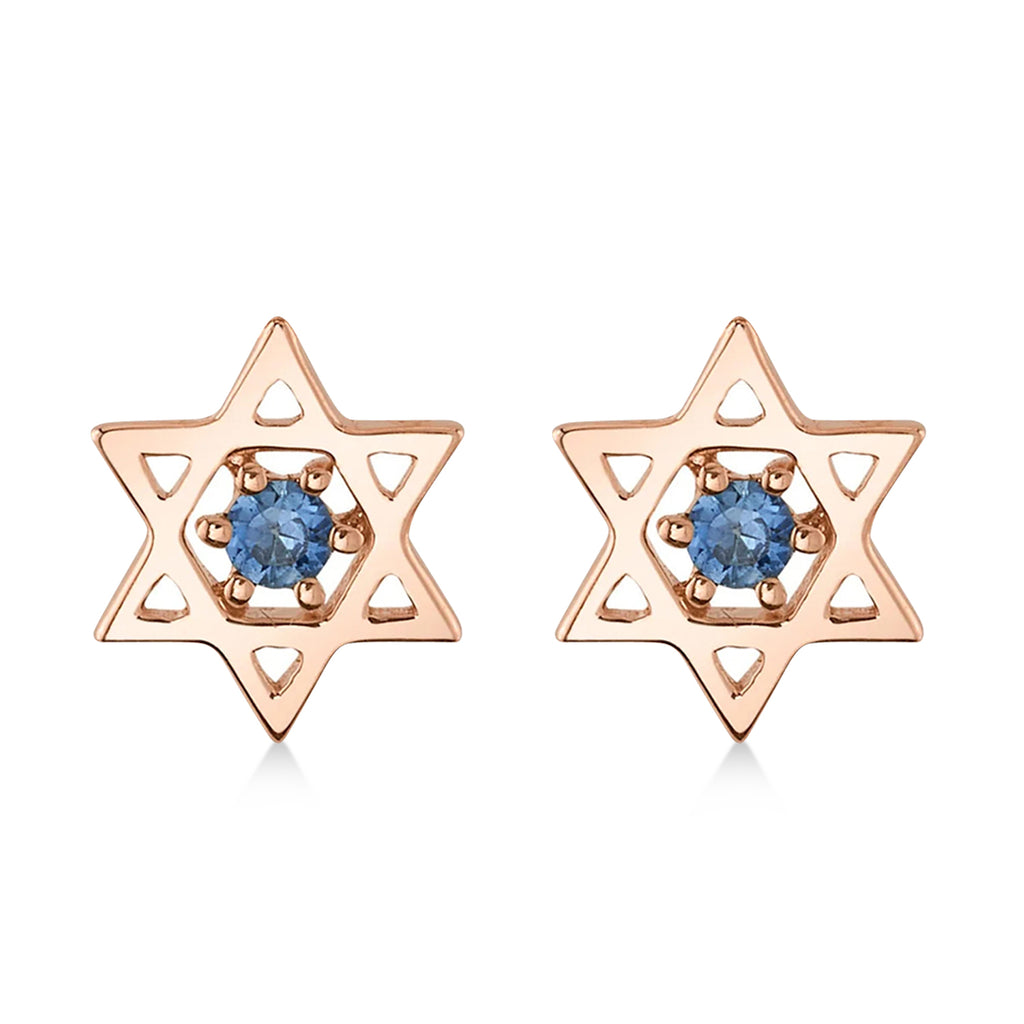 Blue Sapphire Jewish Star of David Petite Stud Earrings 14K Rose Gold (0.03ct)