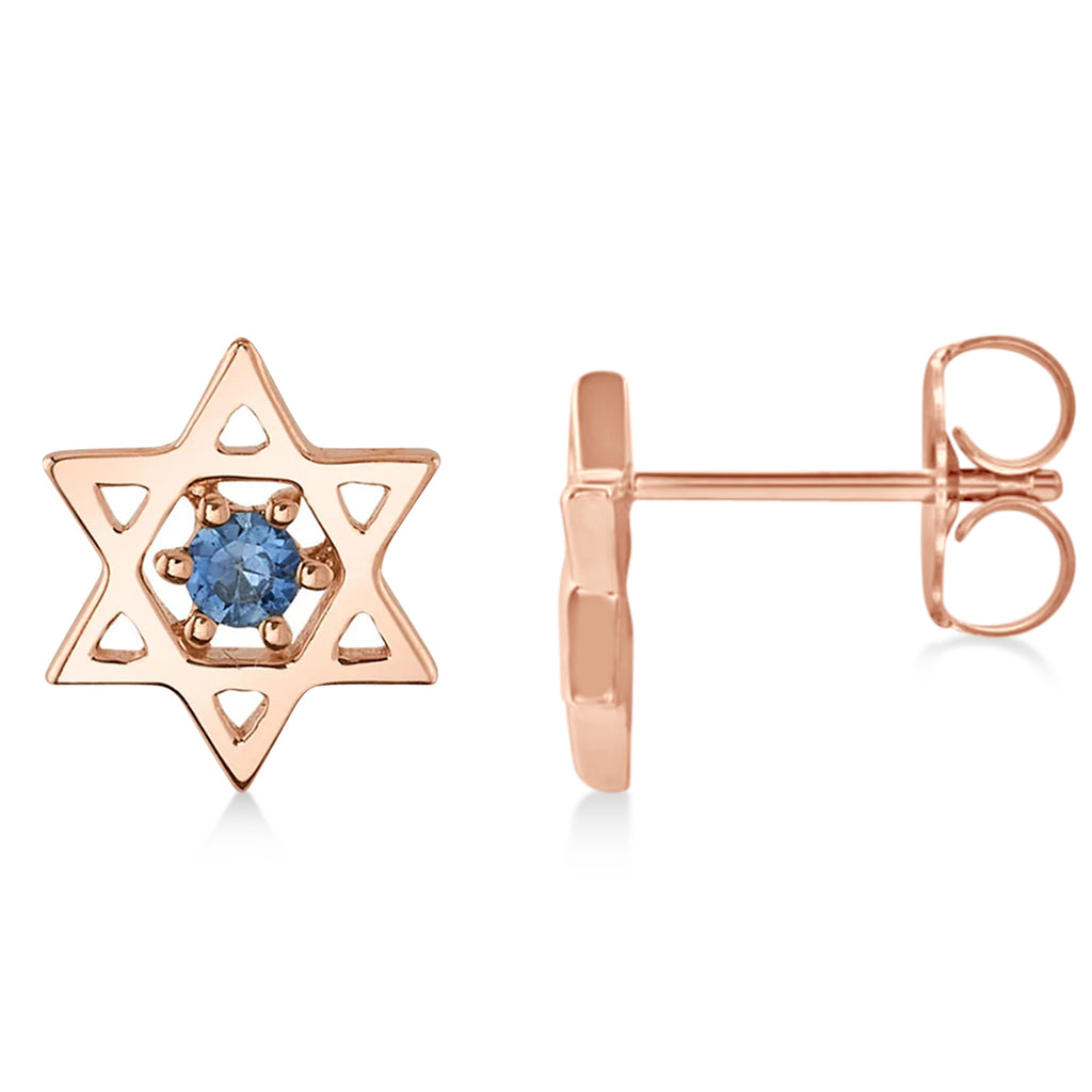 Blue Sapphire Jewish Star of David Petite Stud Earrings 14K Rose Gold (0.03ct)