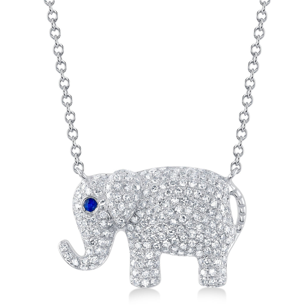 Diamond & Blue Sapphire Elephant Pendant Necklace 14K White Gold (0.49ct)