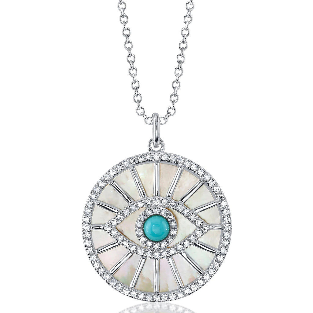 Diamond, Turquoise & Mother Of Pearl Evil Eye Pendant Necklace 14K White Gold (3.25ct)