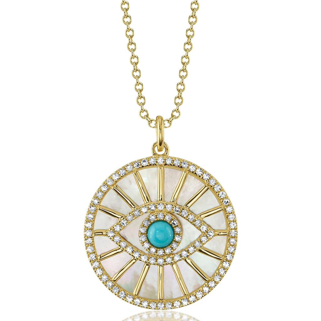 Diamond, Turquoise & Mother Of Pearl Evil Eye Pendant Necklace 14K Yellow Gold (3.25ct)