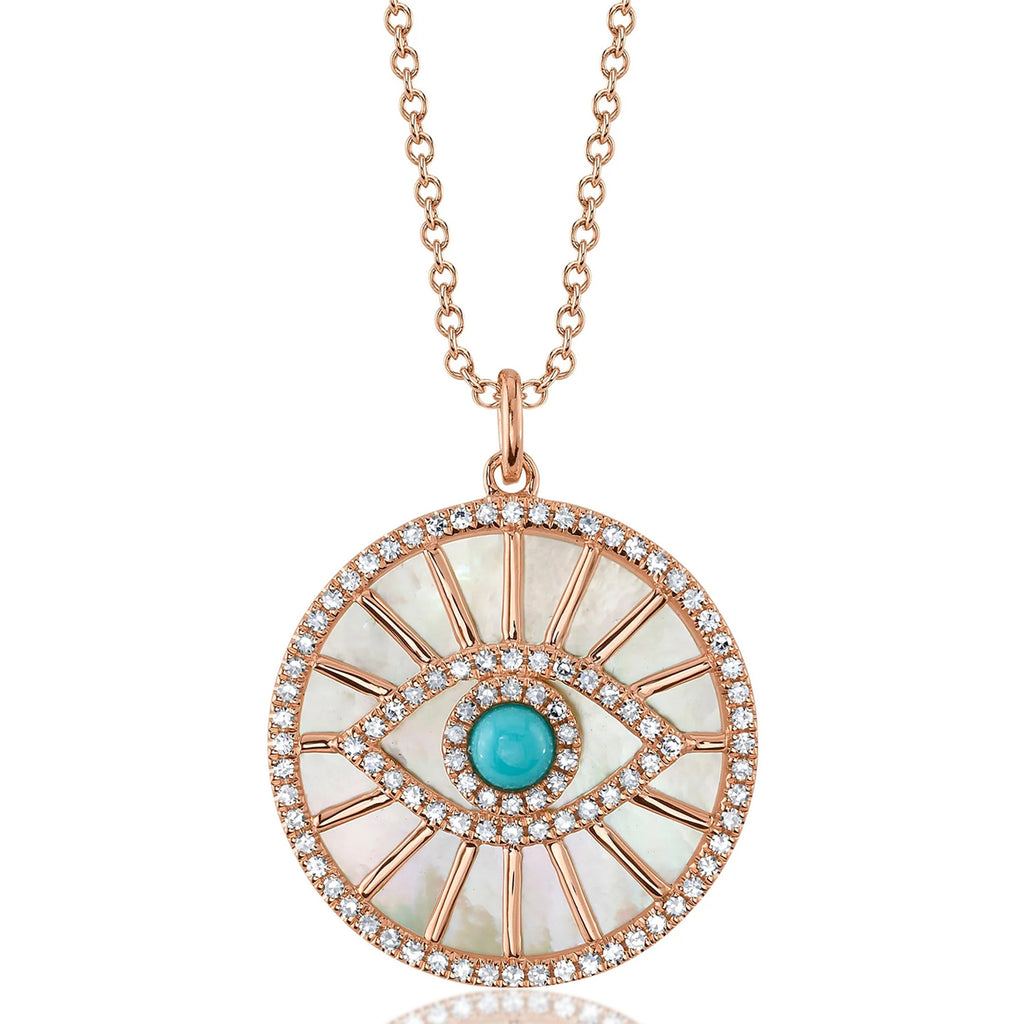 Diamond, Turquoise & Mother Of Pearl Evil Eye Pendant Necklace 14K Rose Gold (3.25ct)