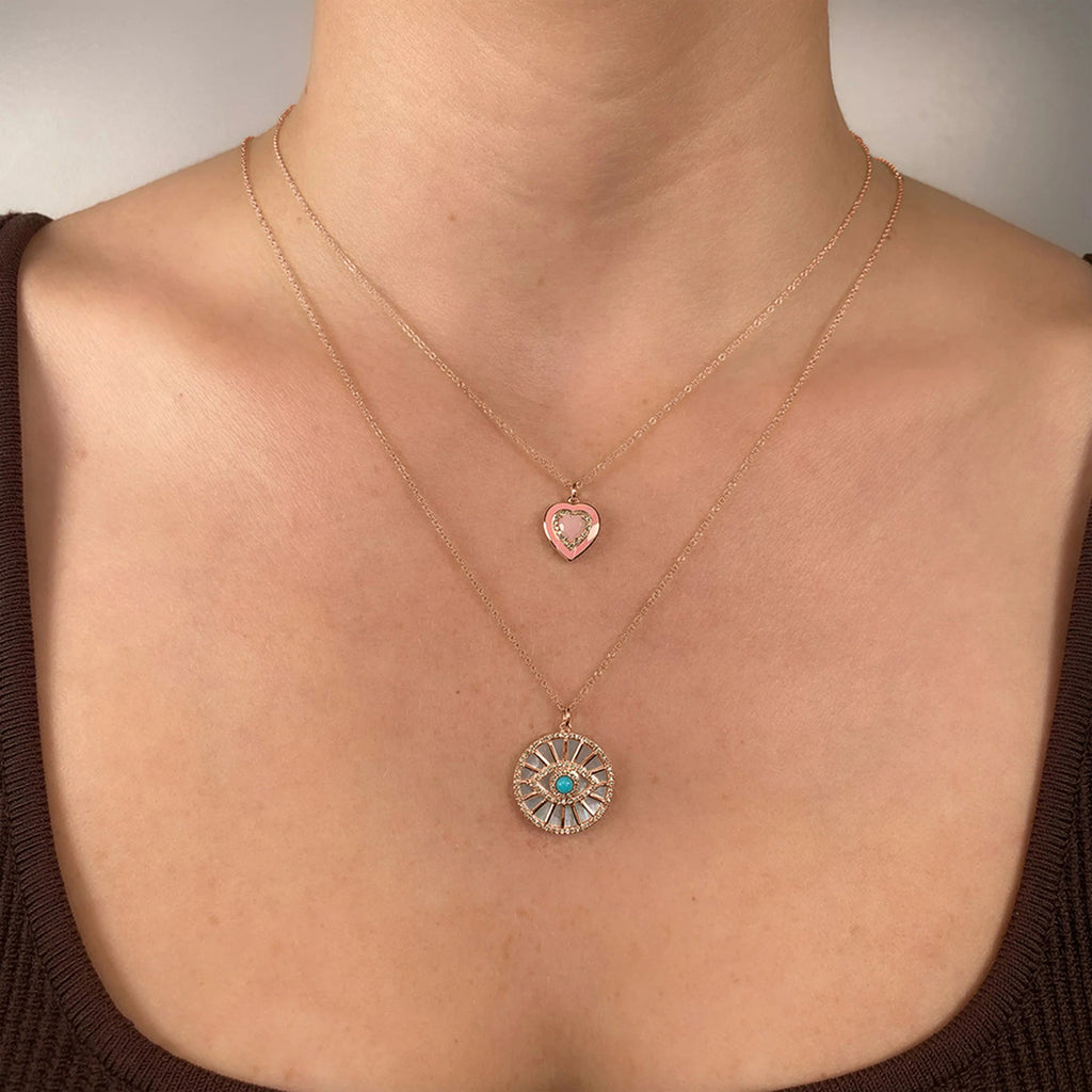 Diamond, Turquoise & Mother Of Pearl Evil Eye Pendant Necklace 14K Rose Gold (3.25ct)