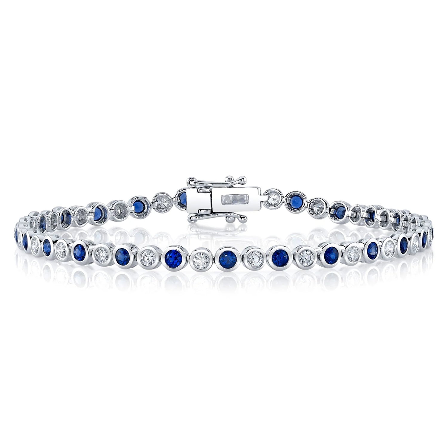 Lab Grown Blue Sapphire & Diamond Tennis Bracelet 14K White Gold