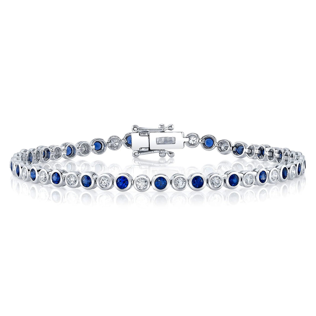 Lab Blue Sapphire & Diamond Tennis Bracelet 14K White Gold (2.50ct)